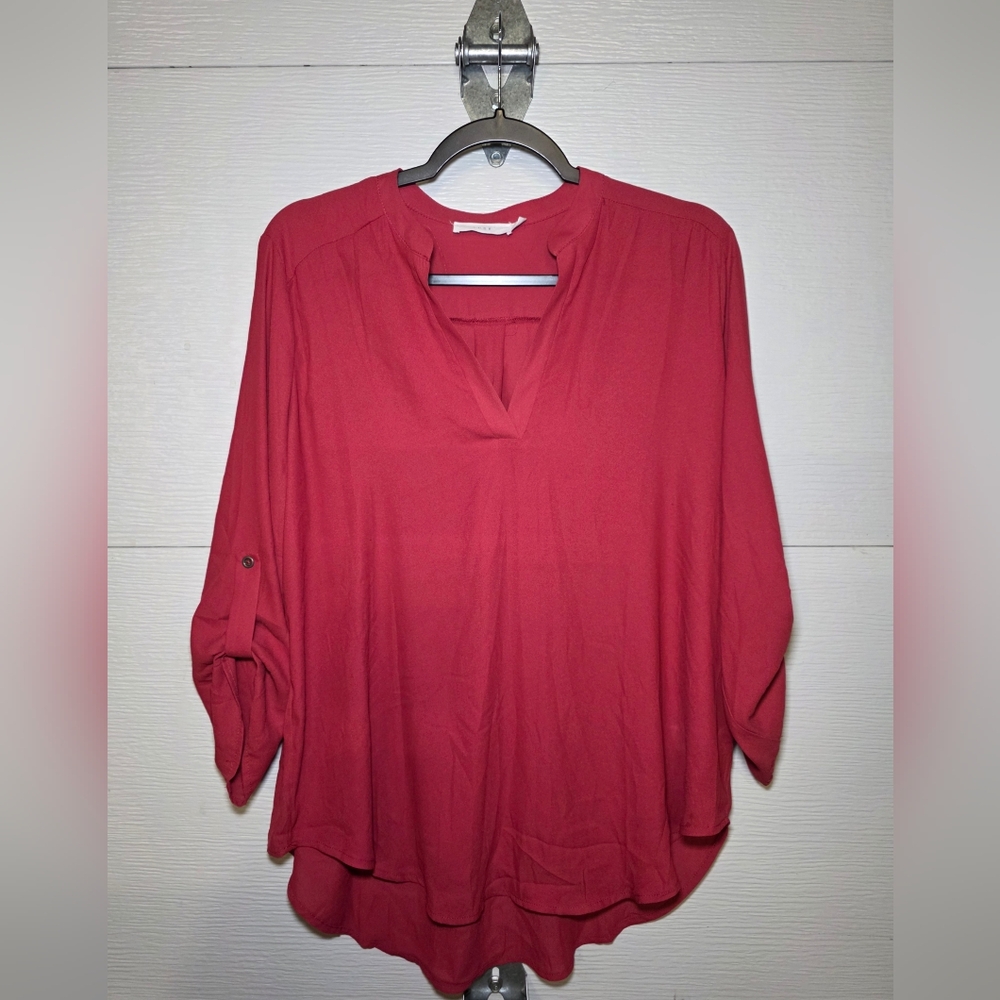 Lush Raspberry Split-Neck Roll-Tab Tunic